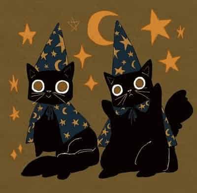 Two black cats in cute little wizard outfits. They're both in blue little capes and cone hats adorned with yellow stars.